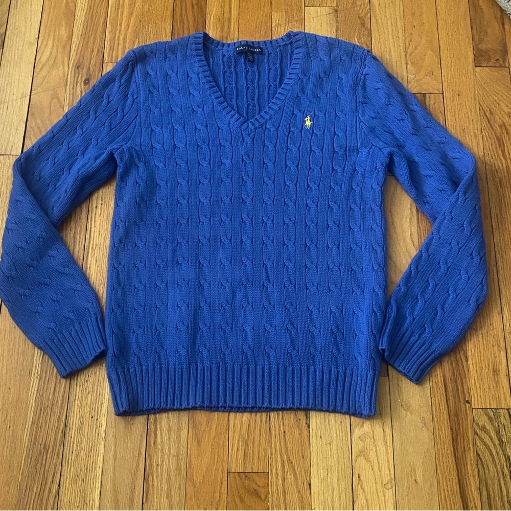 Ralph Lauren Cable Knit V Neck Sweater Size XL 100% Cotton Periwinkle Blue EUC - Picture 14 of 14